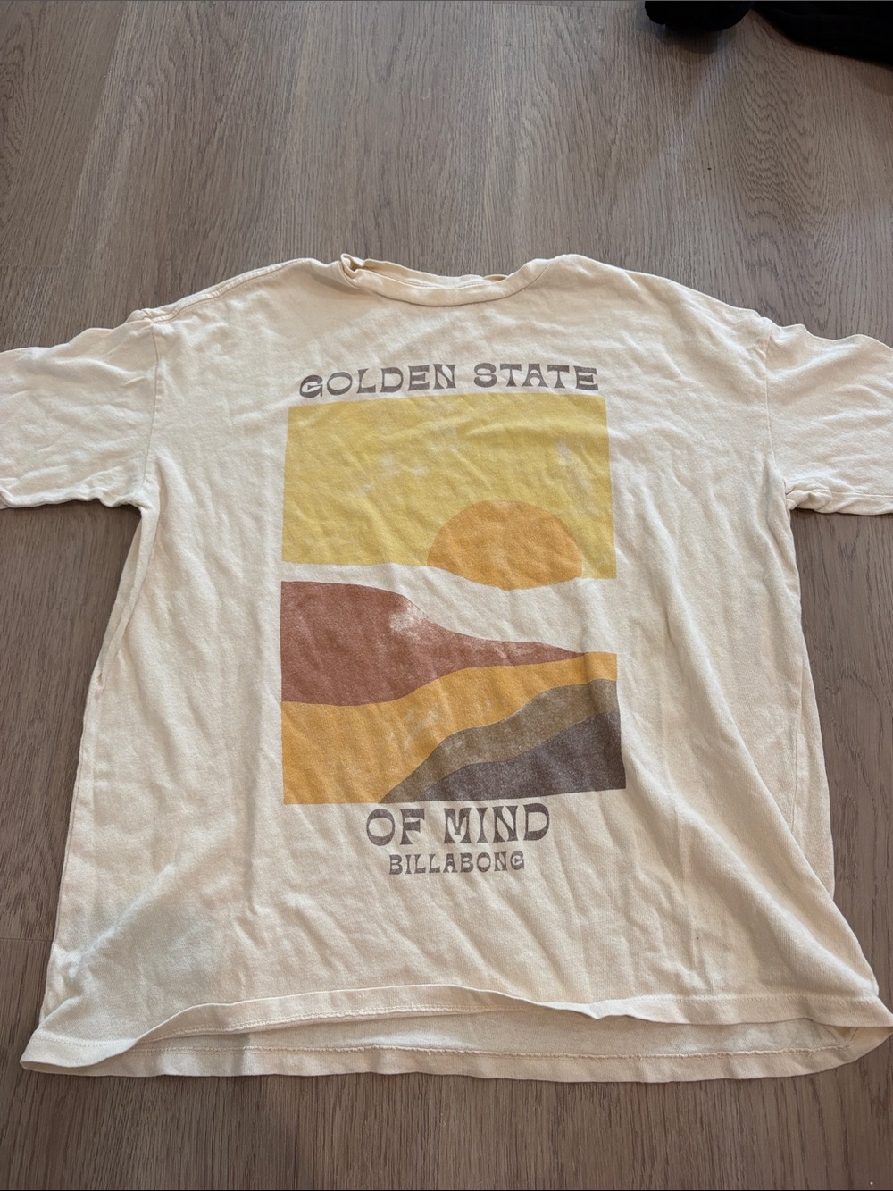 Billabong Cream Graphic Tee with Yellow, Rust & Gray Sunset